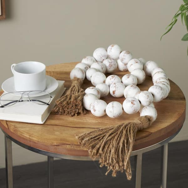 Litton Lane Cream Handmade Wood Distressed Beaded Garland with Tassel