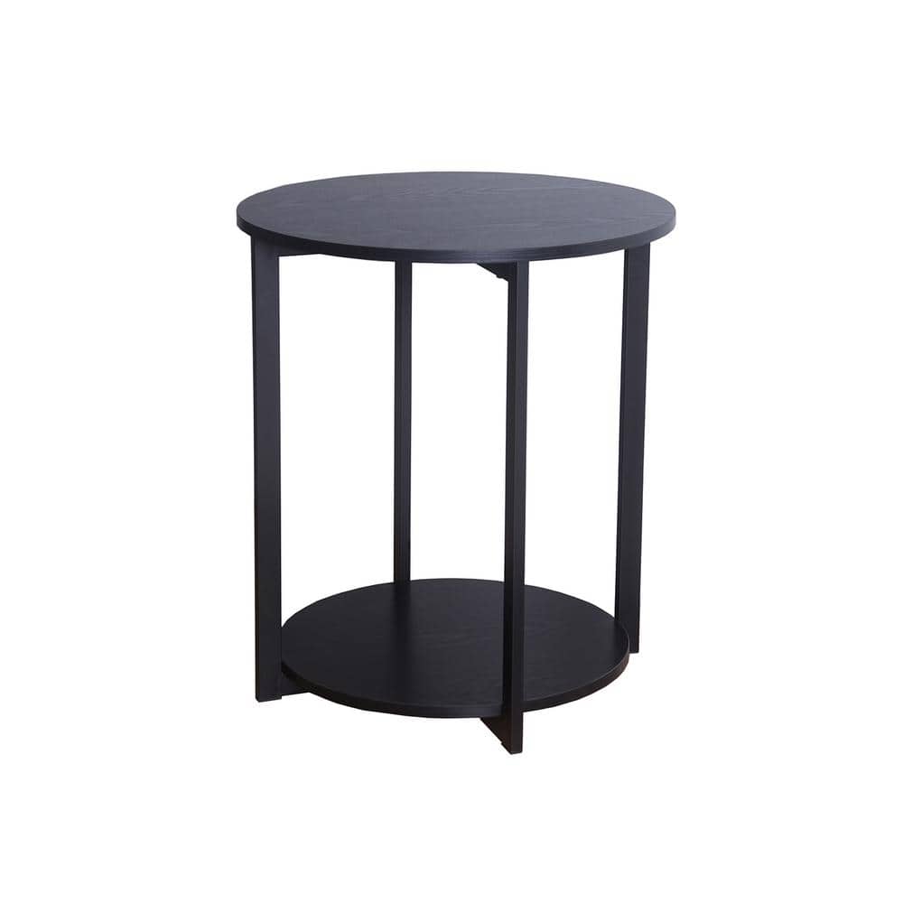 Black Oak and Steel Round End Table with Shelf