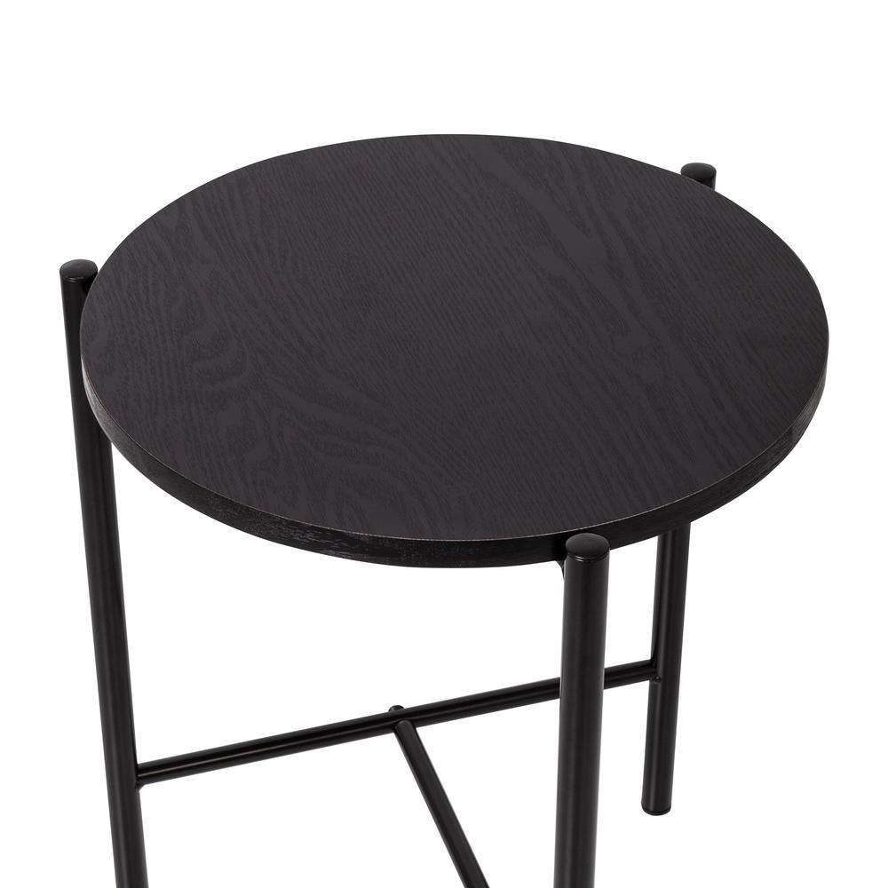 Sleek Matte Black Metal and Wood Round Side Table