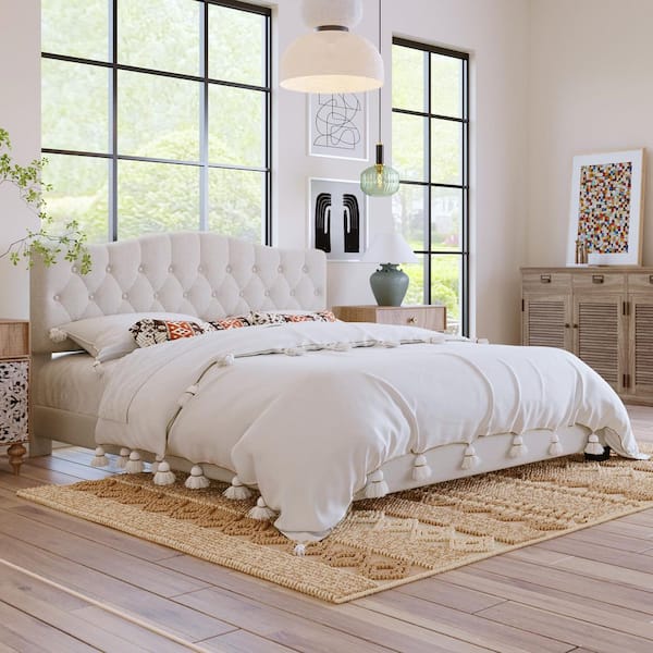 Beige Wood Frame King Size Linen Upholstered Platform Bed with Saddle Curved Diamond-Tufted Headboard