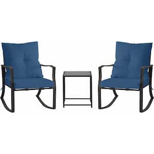 3-Piece Metal Outdoor Rocking Chair with Glass Coffee Table and Blue Cushions for Garden, Balcony, Pool, Backyard