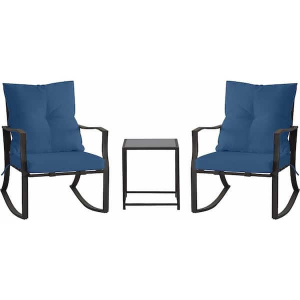 Zeus & Ruta 3-Piece Metal Outdoor Rocking Chair with Glass Coffee Table and Blue Cushions for Garden, Balcony, Pool, Backyard
