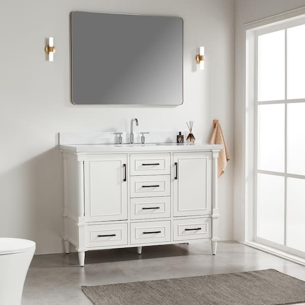 48 in. Soild Wood Freestanding White Bath Vanity with Carrara Marble Top Assembled