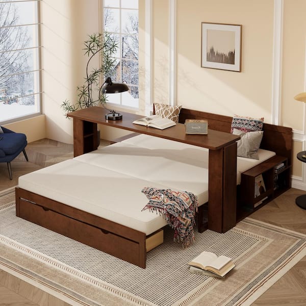 Espresso Queen Size Daybed Convertible Platform bed with Removable Desk, Storage Drawer, Hydraulic Side Table