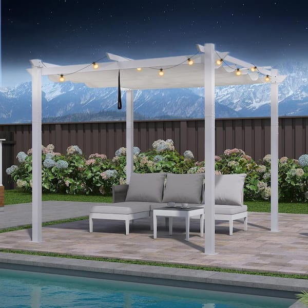 10 ft. x 10 ft. White Aluminum Frame Pergola with White Retractable Sun Shade Canopy Extra Roof and String Lights