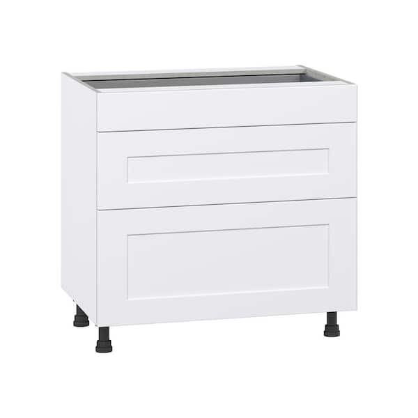 J COLLECTION Roseland 36 in. W x 24 in. D x 34.5 in. H Assembled Shaker Drawer Base Kitchen Cabinet in Warm White with 3 Drawers