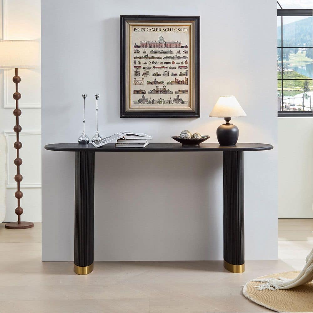Polibi 59.1 in. Black Rectangle Wood Top Console Table with Unique
