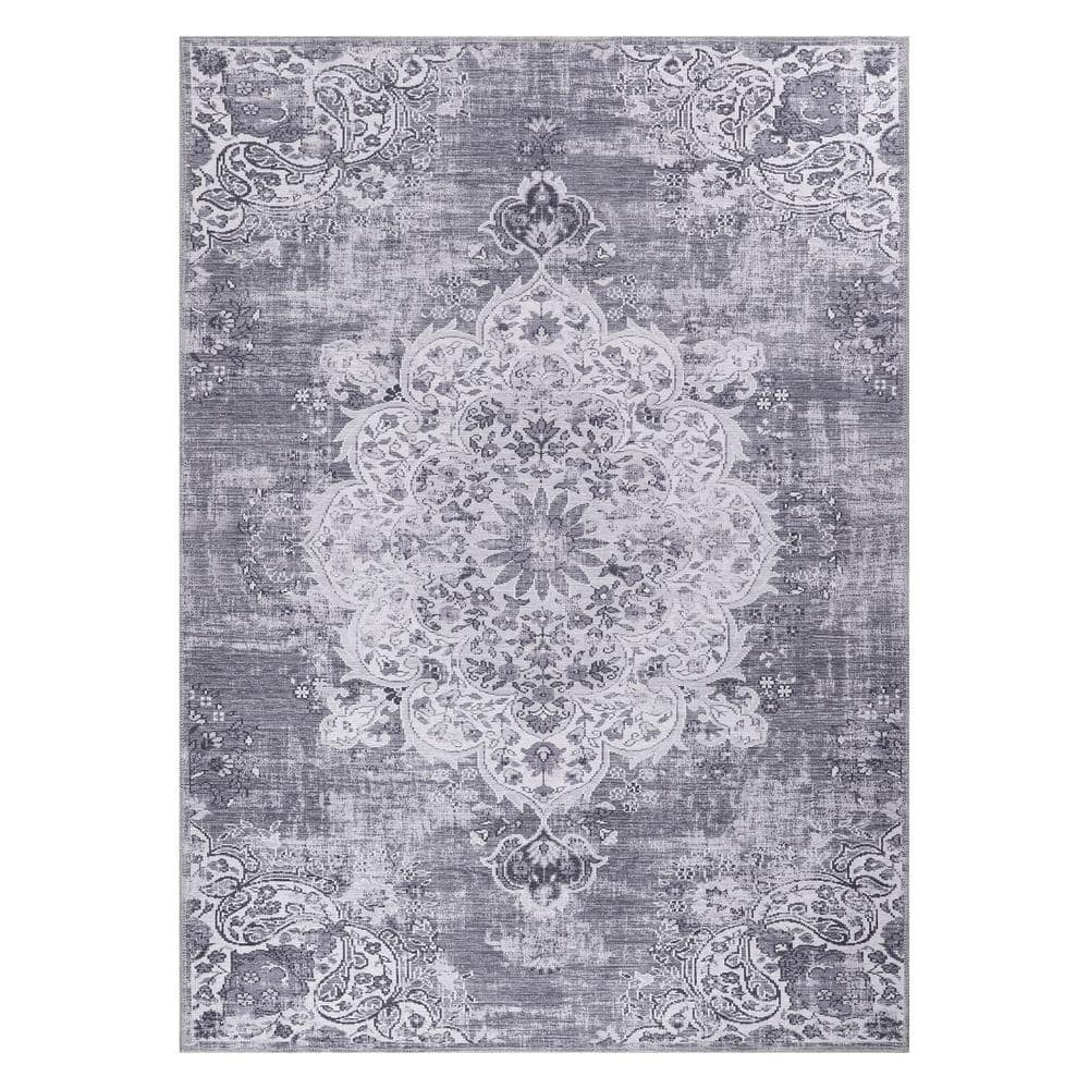 CAMILSON Grey 2 ft. x 3 ft. Machine Washable Vintage Area Rug RAIN2001