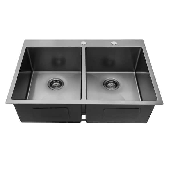 33 in. Drop-In Double Bowl(50/50) 16-Gauge Gunmetal Black Stainless Steel Kitchen Sink with Two 10 in. Deep Basin