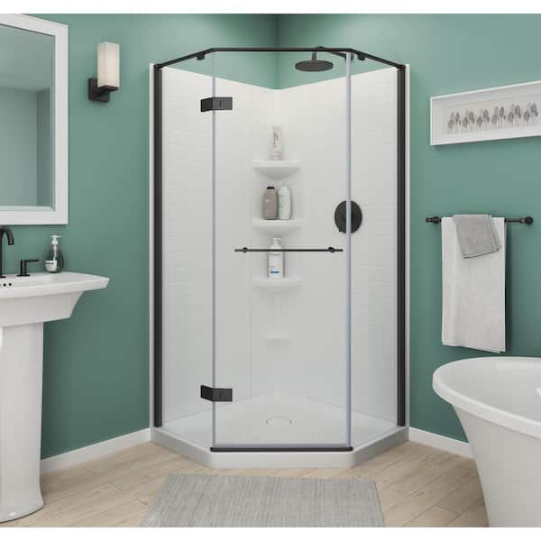 Ovation Curve 38 in. W x 72 in. H Neo Angle Fixed Semi-Frameless Corner Shower Door in Matte Black with Clear Glass