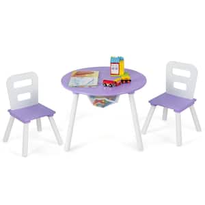 Kids Wooden Purple Round Table and 2 Chair Set with Center Mesh Storage