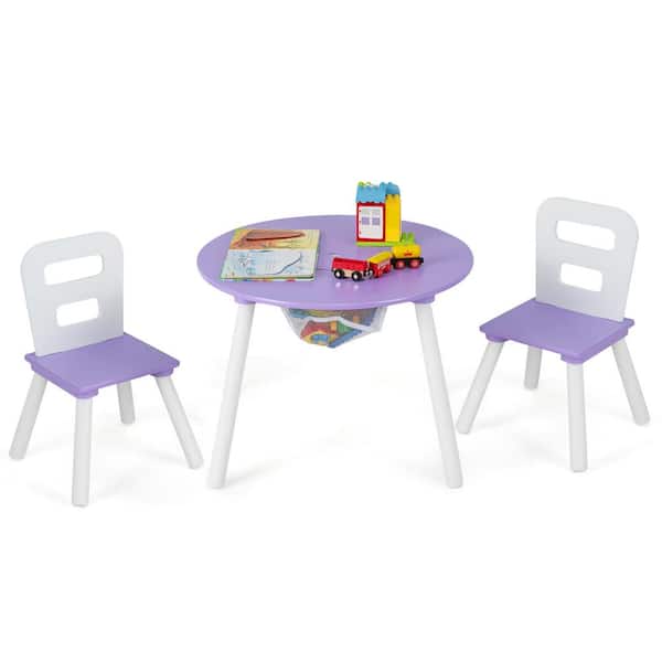 Costway Kids Wooden Purple Round Table and 2 Chair Set with Center Mesh Storage