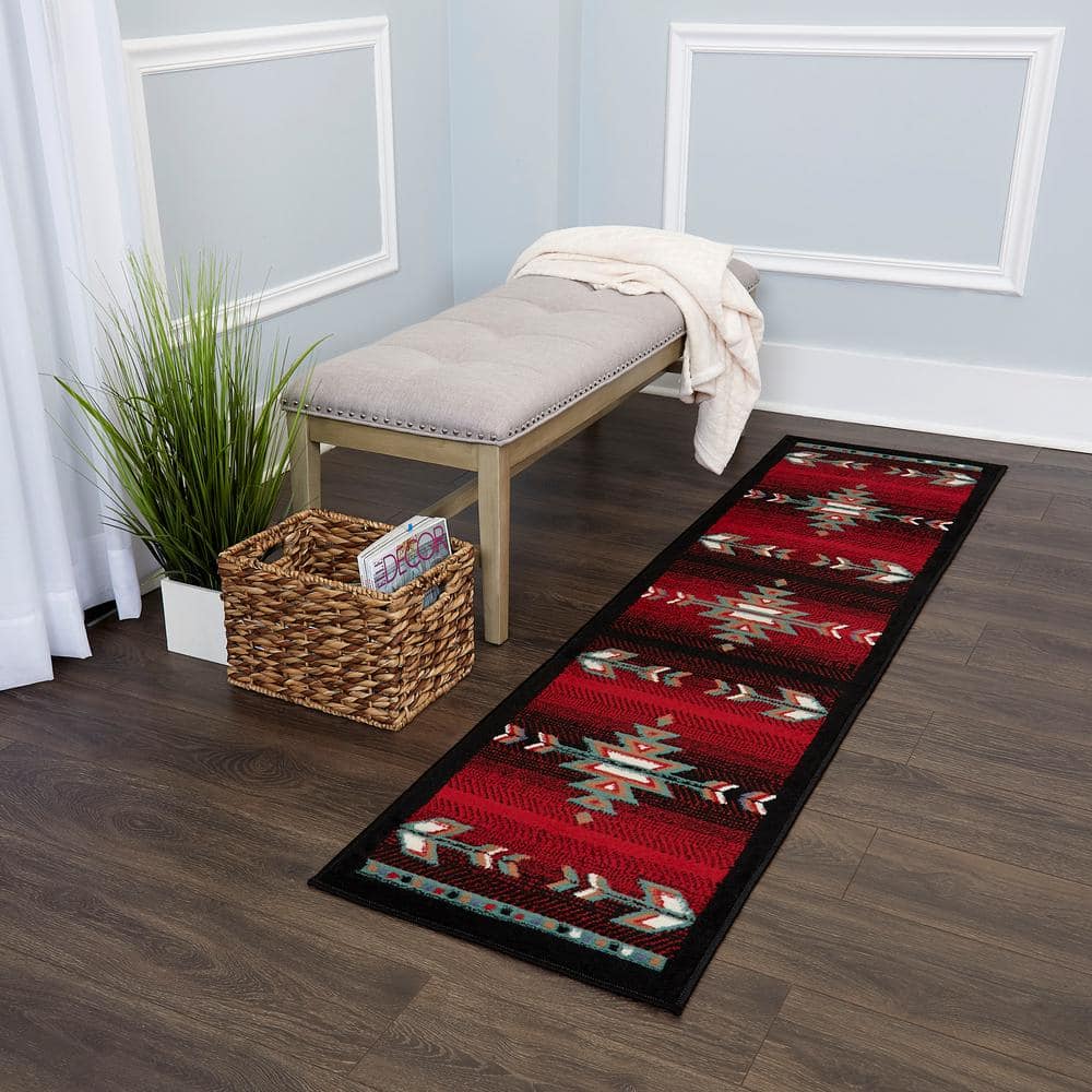 Southwestern Geometric Black and Red Runner Rug