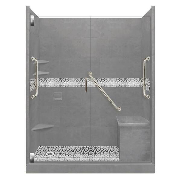 American Bath Factory Del Mar Freedom Grand Hinged 30 in. x 60 in. x 80 in. Left Drain Alcove Shower Kit in Wet Cement and Satin Nickel