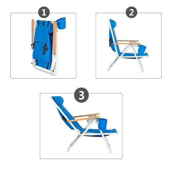 Blue Metal Folding Portable Beach Chair with Adjustable Headrest, Cup