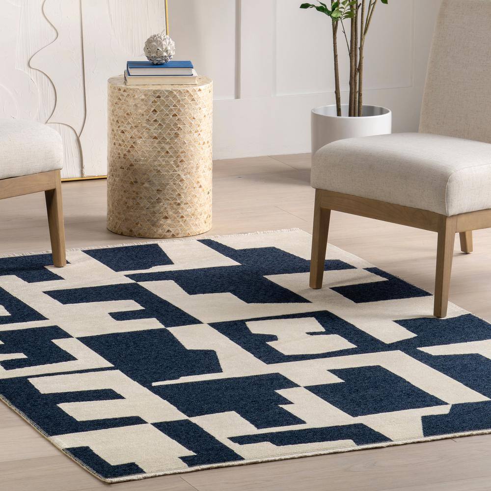 Viktoria Navy and White Geometric Reversible Washable Rug