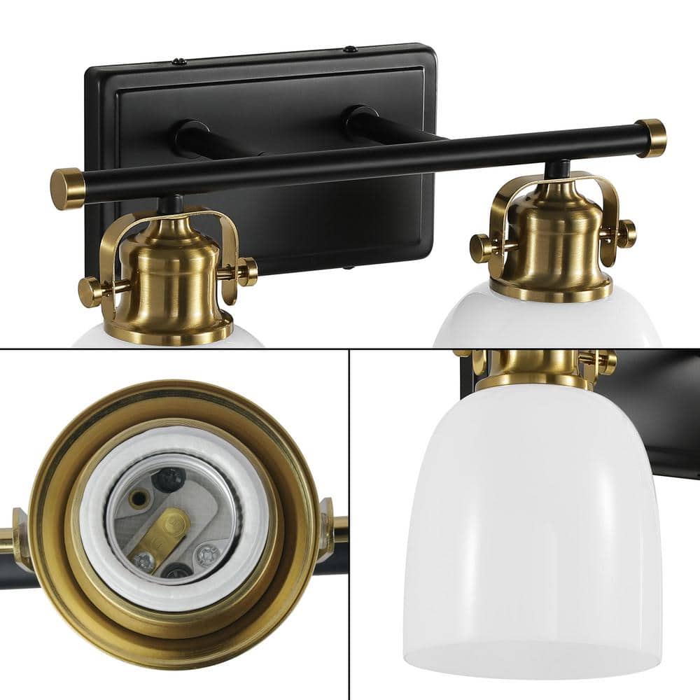 14-Inch Black and Gold Metal Vanity Light with White Glass Shades