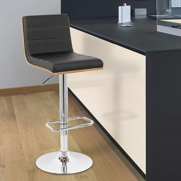 HomeRoots Black Faux Leather Walnut and Chrome Adjustable Swivel Bar Stool