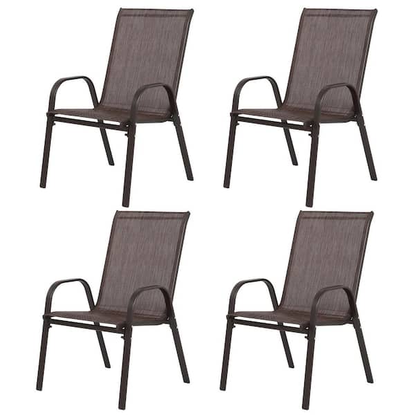 Tileon Brown Steel Outdoor Dining Chair Set of 4, Breathable Textilene Fabric Patio Chairs with Armrest and High Backrest