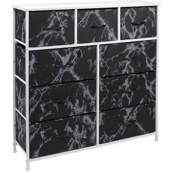 Sorbus 9-Drawer Marble Black with White Frame Dresser Wood Top Easy Pull Fabric Bins 39.5 in. L x 11.5 in. W x 39.5 in. H