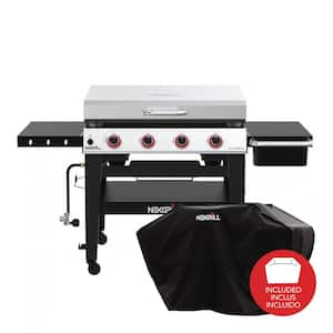 Daytona 4-Burner Propane Gas Grill 36 in. Flat Top Griddle in Black with Stainless Steel Lid with Cover