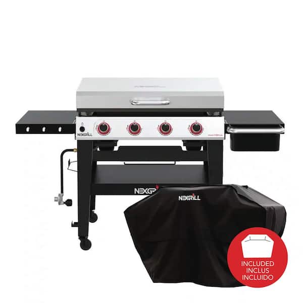 Nexgrill Daytona 4-Burner Propane Gas Grill 36 in. Flat Top Griddle in Black with Stainless Steel Lid with Cover