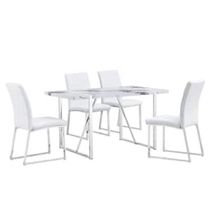 5-Piece Rectangle White MDF Faux Marble Top Dining Table Set Seats 4 with 4 White PU Upholstered Chairs