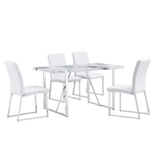 Harper & Bright Designs 5-Piece Rectangle White MDF Faux Marble Top Dining Table Set Seats 4 with 4 White PU Upholstered Chairs