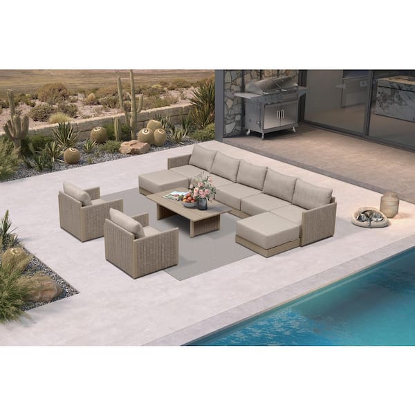 10 Pieces Patio Seating Sofas Aluminum Furniture Outdoor Couch Sectional Set with Cushions and Aluminum Table Beige