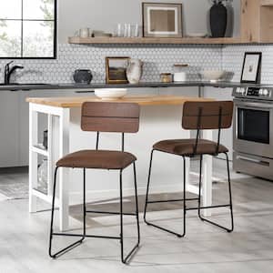 25 in. Brown High Back Modern Industrial Metal-Leg Cushioned Counter-Height Bar Stool with Faux Leather Seat (Set of 2)