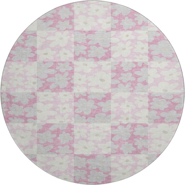 Mayfield Premium Machine Washable Abstract AMF2476 Pink 8 ft. x 8 ft. Round Rug