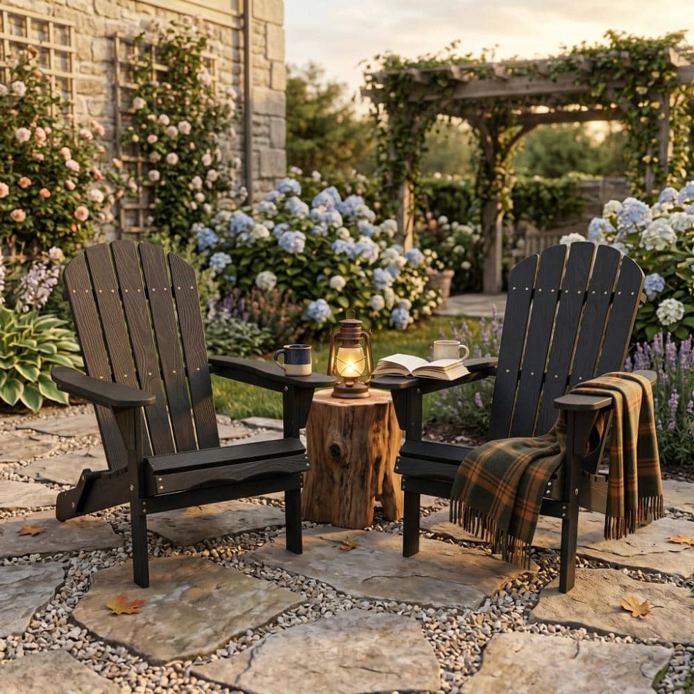 Outdoor Black Solid Wood Folding Adirondack Chair Set of 2 FF