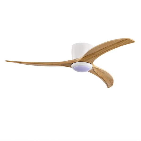 52 in. Indoor/Outdoor White with Natural Wood Blades Flush Mount Ceiling Fan with LED Light and 6-Speed Remote Control