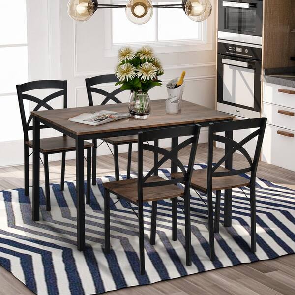 Eer 5 Piece Rectangle Industrial Wooden Top Brown Dining Table Set With Metal Frame And 4 Ergonomic Chairs St000020aad Metal Frame And 4 Ergonomic Chairs, Metal Top Dining Table Set