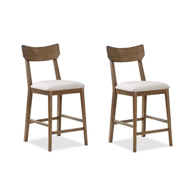 24 in. Brown and Beige High Back Wood Frame Bar Stool with Fabric Seat (Set of 2)