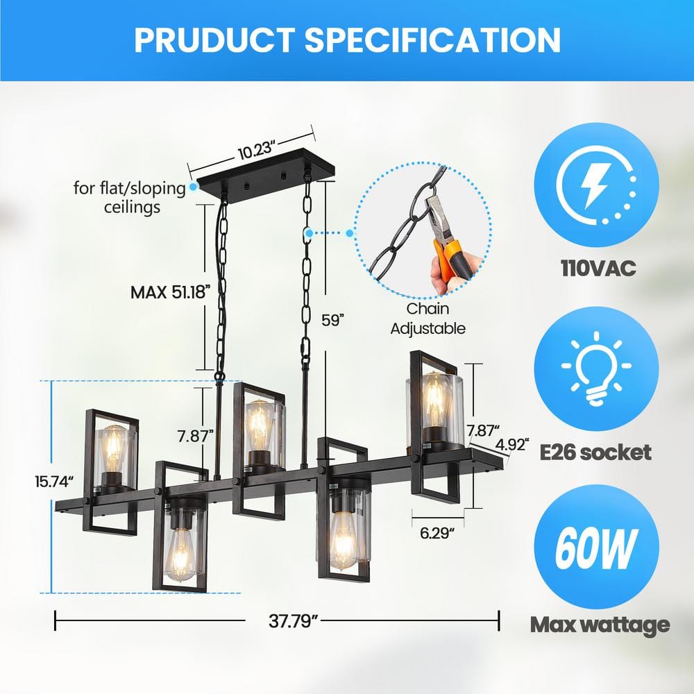 Modern Black Metal 5-Light Rectangular Island Chandelier