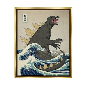 Godzilla in the Waves Eastern Poster Illustration by Michael Buxton Floater Frame Fantasy Wall Art Print 21 in. x 17 in.