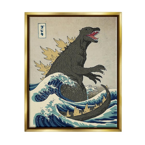 The Stupell Home Decor Collection Godzilla in the Waves Eastern Poster Illustration by Michael Buxton Floater Frame Fantasy Wall Art Print 21 in. x 17 in.
