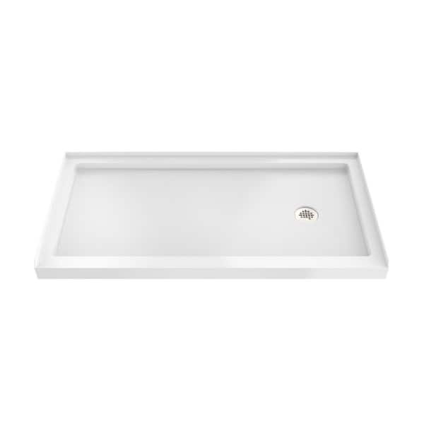 SlimLine 60 in. L x 36 in. W Alcove Rectangular White Shower Pan Base with 2 in. Round Right Drain in Polished Nickel
