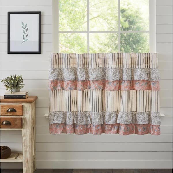 VHC BRANDS Kaila Ruffled 36 in. W x 36 in. L Cottage Tier Window Panel in Navy Creme Rose Pair
