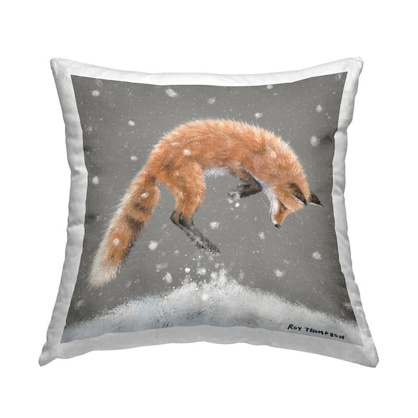 Jumping Fox Snowy Winter Scene Grey Print Polyester 18in. X 18in. Throw Pillow