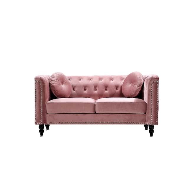 US Pride Furniture Vivian 64.2 in. Rose Velvet 2-Seater Chesterfield Loveseat with Nailheads