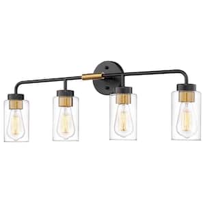 30 in. 4-Light Black and Gold Finish Modern Vanity Light with Clear Glass Shade, No Bulbs Included