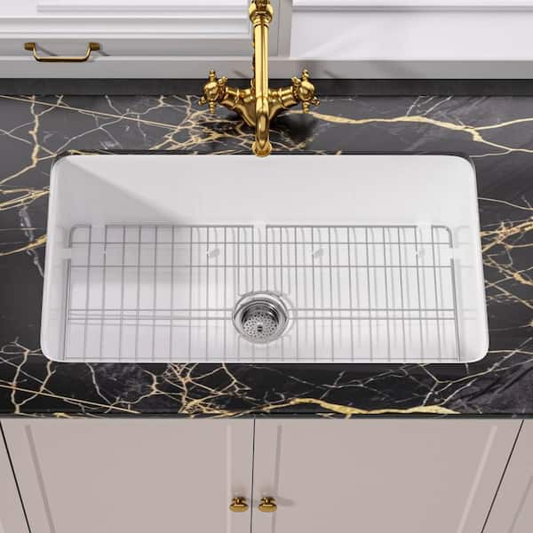 Unbranded 32 in. Fireclay Kitchen Sink Undermount White Kitchen Sink Single Bowl Fireclay Sink with Grid and Sink Strainer