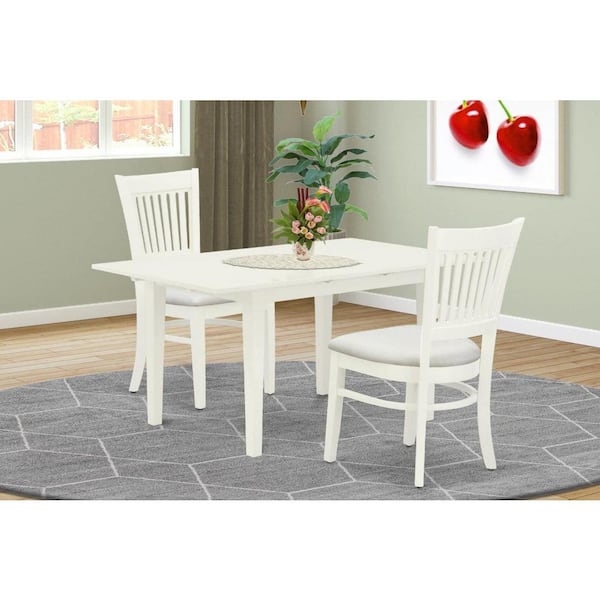 East West Furniture 3-Piece Linen White Finish Rectangular Solid Wood Top With Butterfly Leaf Dining Table Set