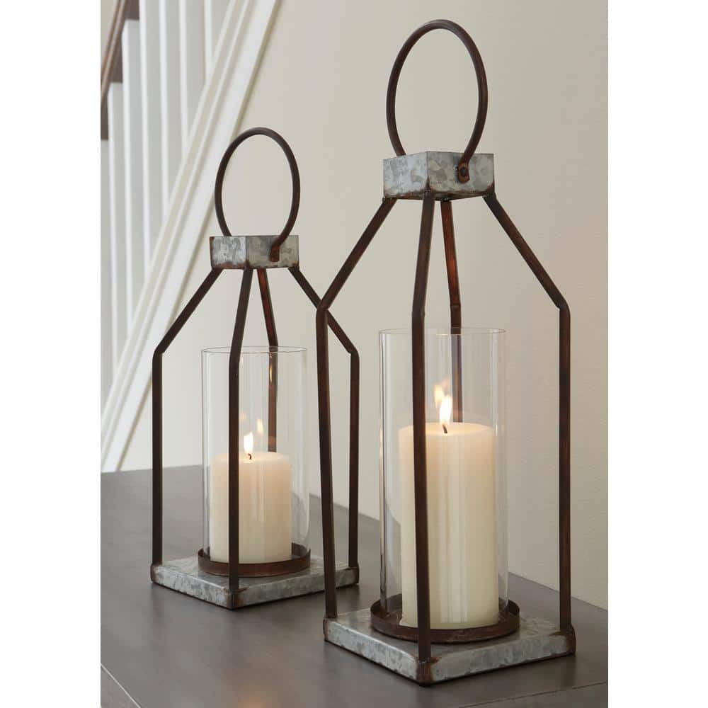 Black and Gray Metal Glass Hurricane Candle Lantern