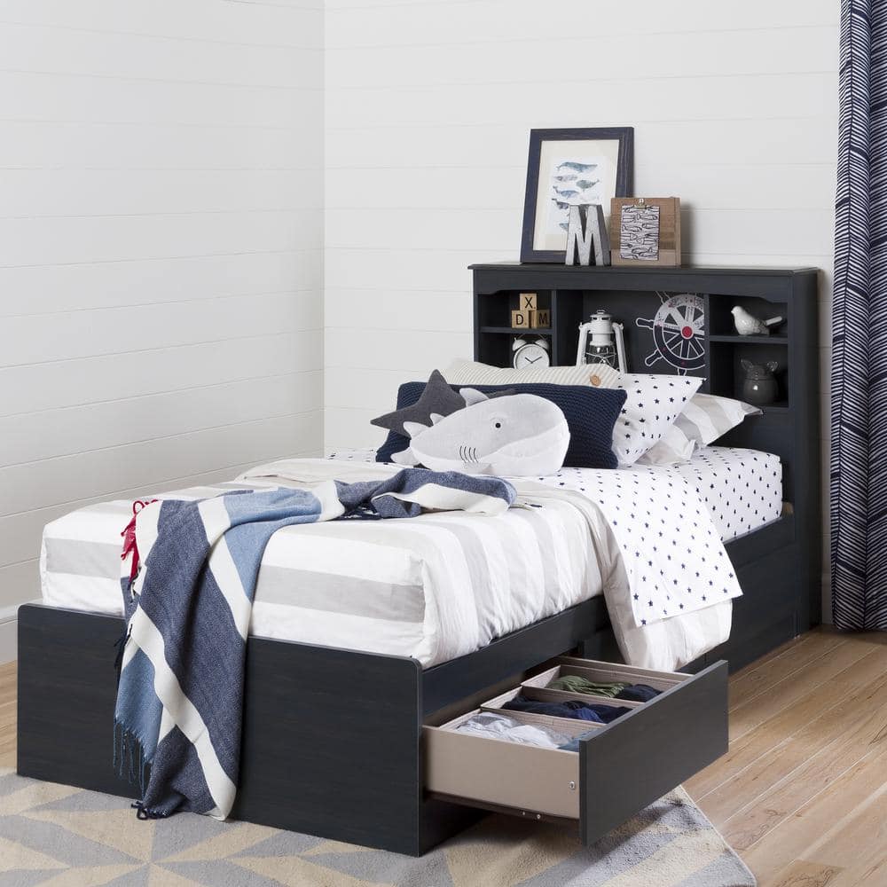 Blueberry Twin Wood Bookcase Headboard with Storage