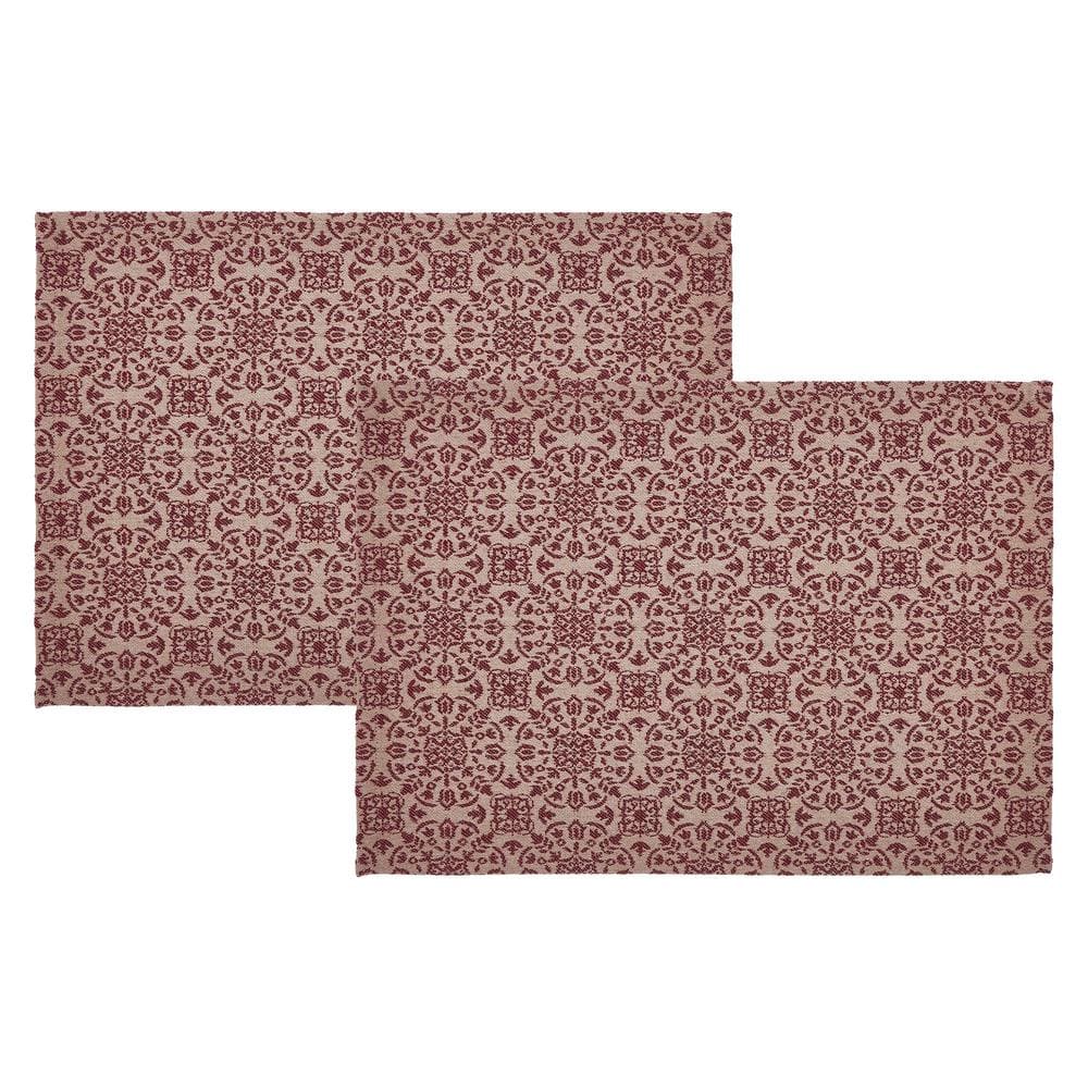 Burgundy Tan Jacquard Cotton Placemats Set of 2, 13x19
