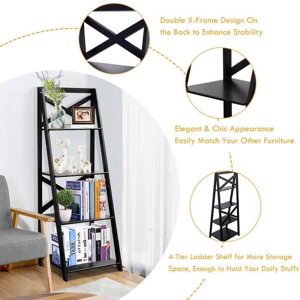 Black Solid Wood 56" 4-Tier Ladder Shelf for Kids