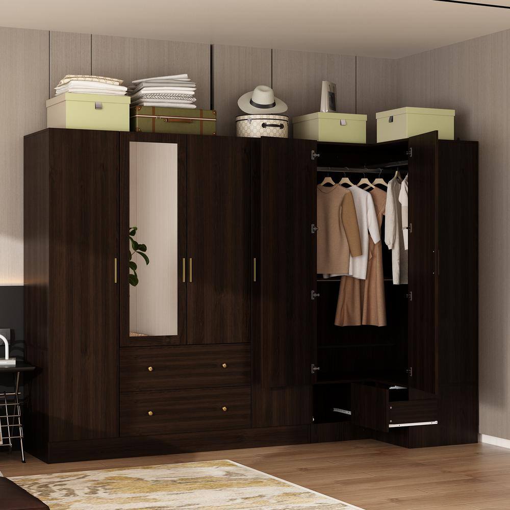 Dark brown corner wardrobe with one door open to reveal hanging clothes and a drawer.